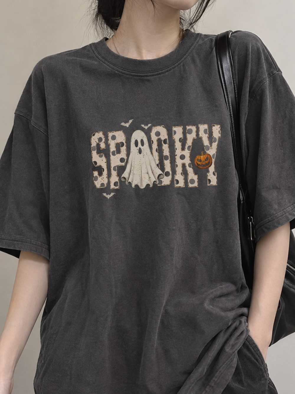 Spooky Season Cow Print Ghost Pumpkin Bat Western Chic Aesthetic Graphic Tee
